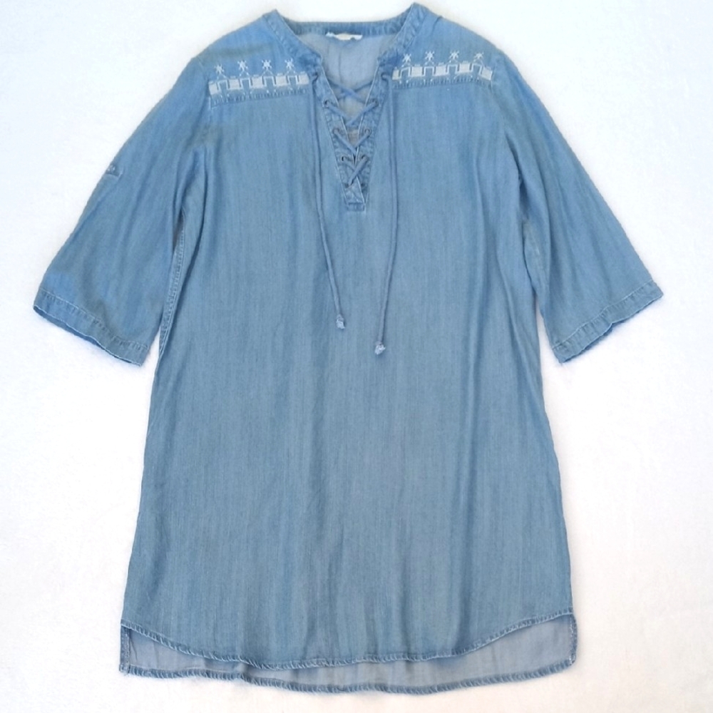 Blue With White Embroidery Womenβs Shirt Dress /Tunic Dress 3/4 Sleeve Small